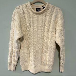 Vintage ivory Gap rollneck cotton cable knit fisherman sweater